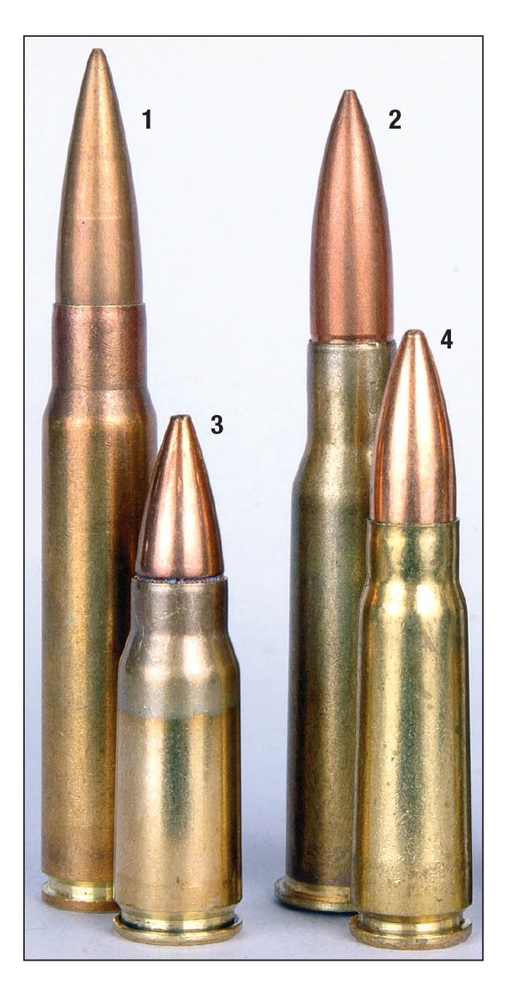The standard full-size (1) German 7.92x57mm and (2) Soviet 7.62x54 rimmed infantry rifle cartridges were used by these nations during the development of short rounds like the (3) German 7.92x33mm and (4) Soviet 7.62x39mm.